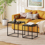 Side Table Set of 2, Coffee Table with Glass Top, Square, Black Steel