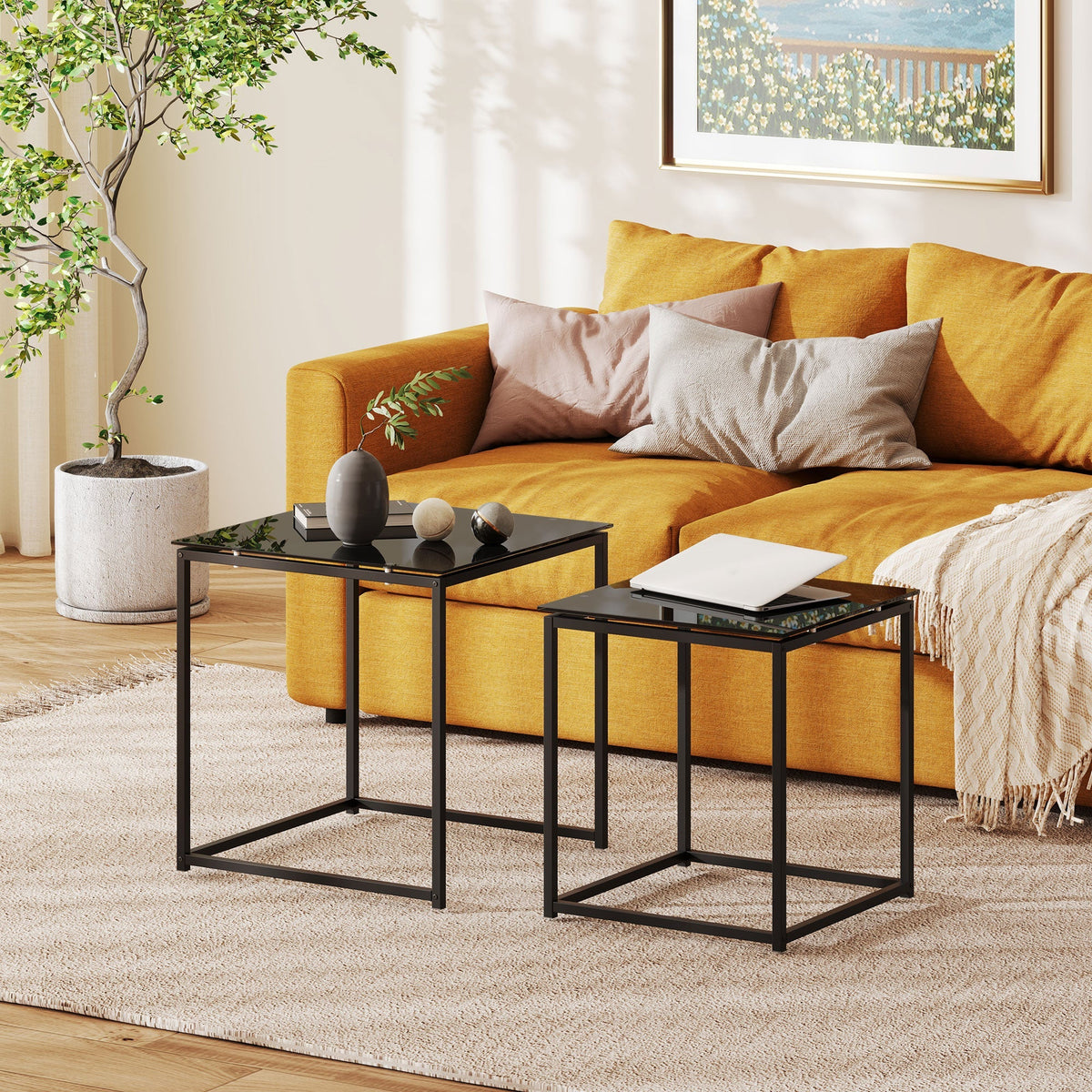 Side Table Set of 2, Coffee Table with Glass Top, Square, Black Steel