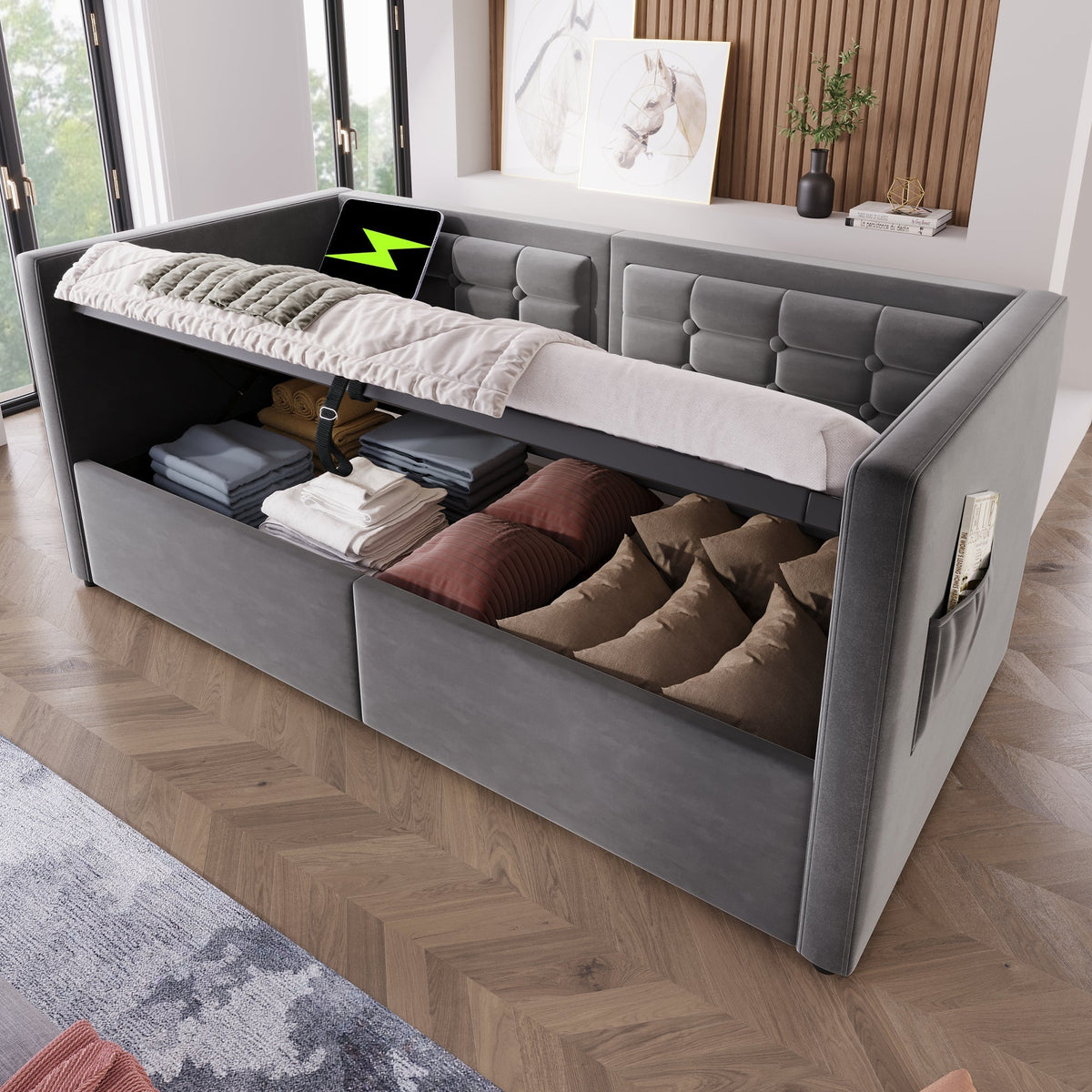 Sofa Bed, Upholstered with Hydraulic Storage, USB & Type-C Charging, Gray Velvet
