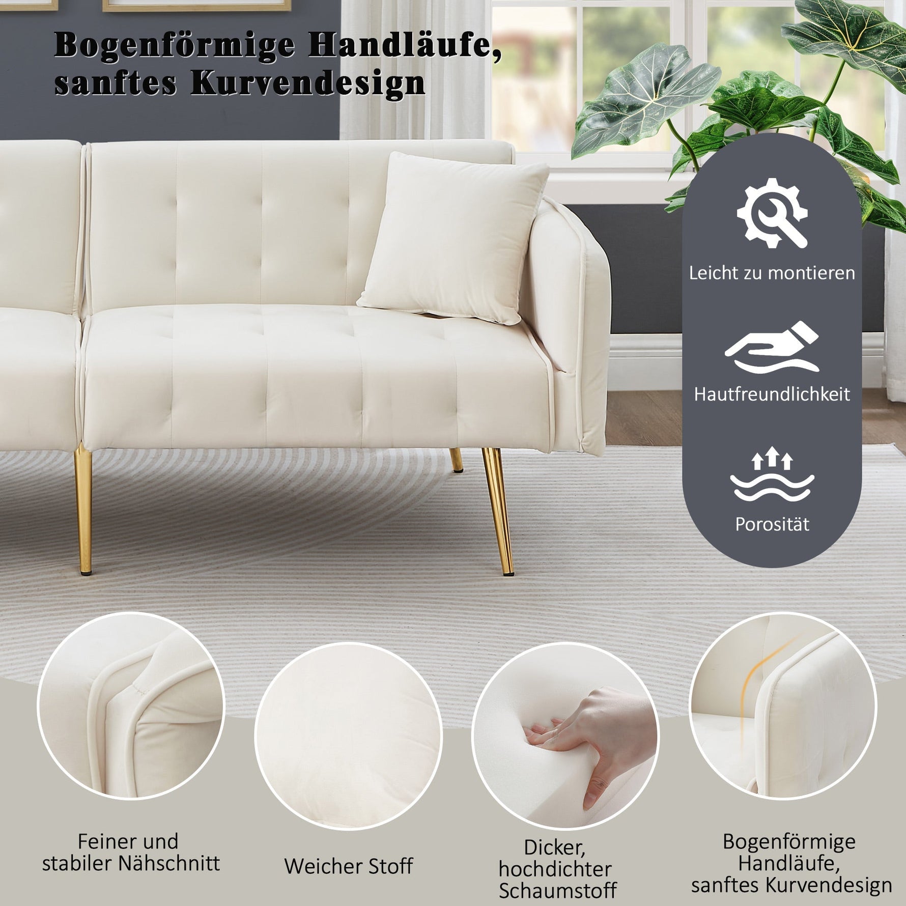 Sofa Bed, Two-Seater Multifunctional Folding with Adjustable Backrest & Armrests, Velour
