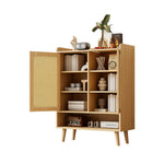 Natural rattan shoe cabinet, 2 doors and 5 shelves, with wooden handles and solid wood legs, 80x105x35 cm