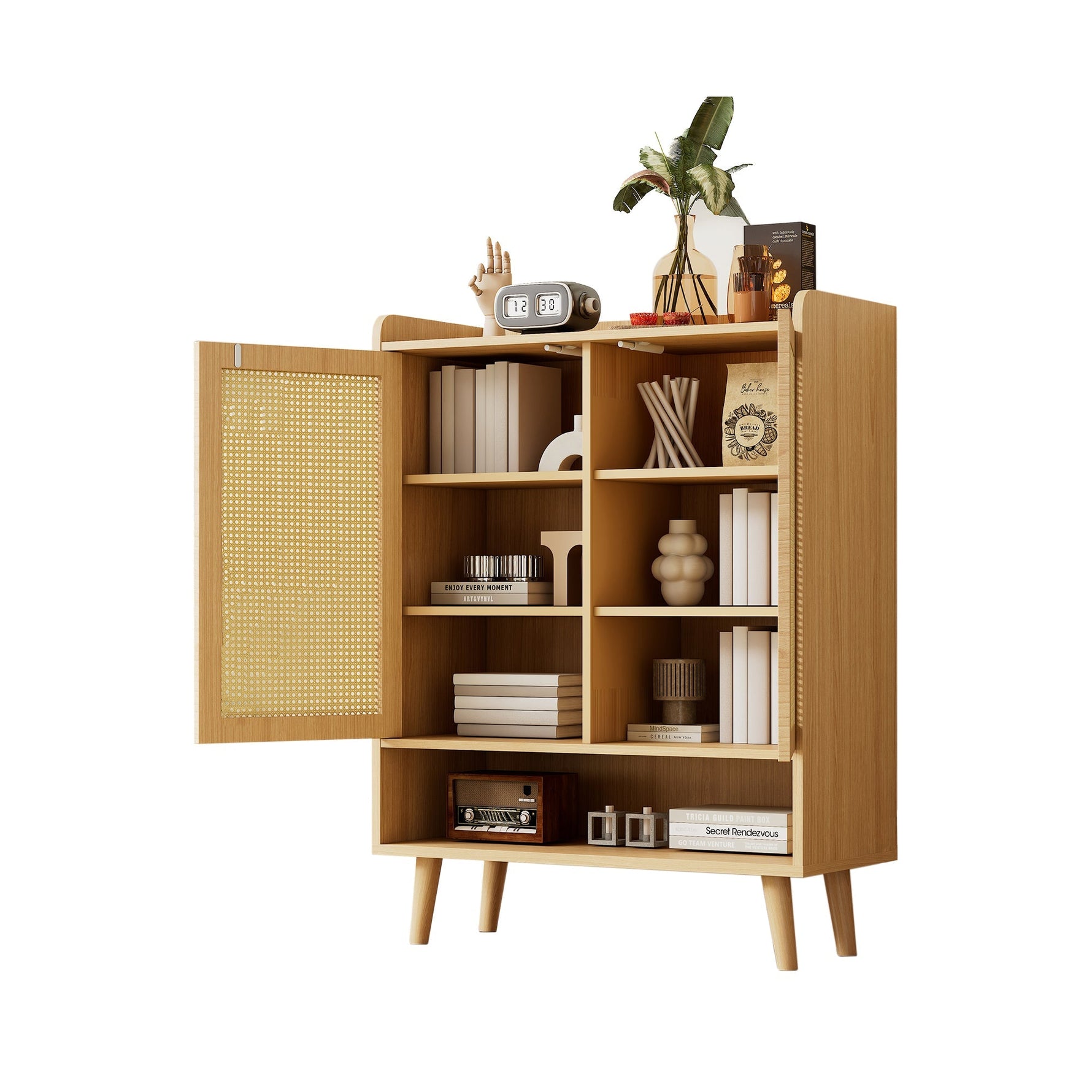 Natural rattan shoe cabinet, 2 doors and 5 shelves, with wooden handles and solid wood legs, 80x105x35 cm