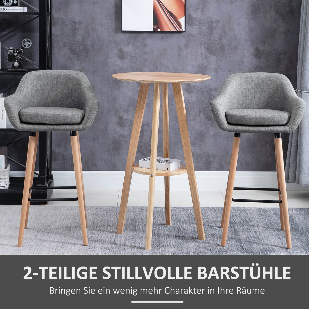 Bar Stools, Set of 2, Seat Cushion, Footrests, Grey Linen
