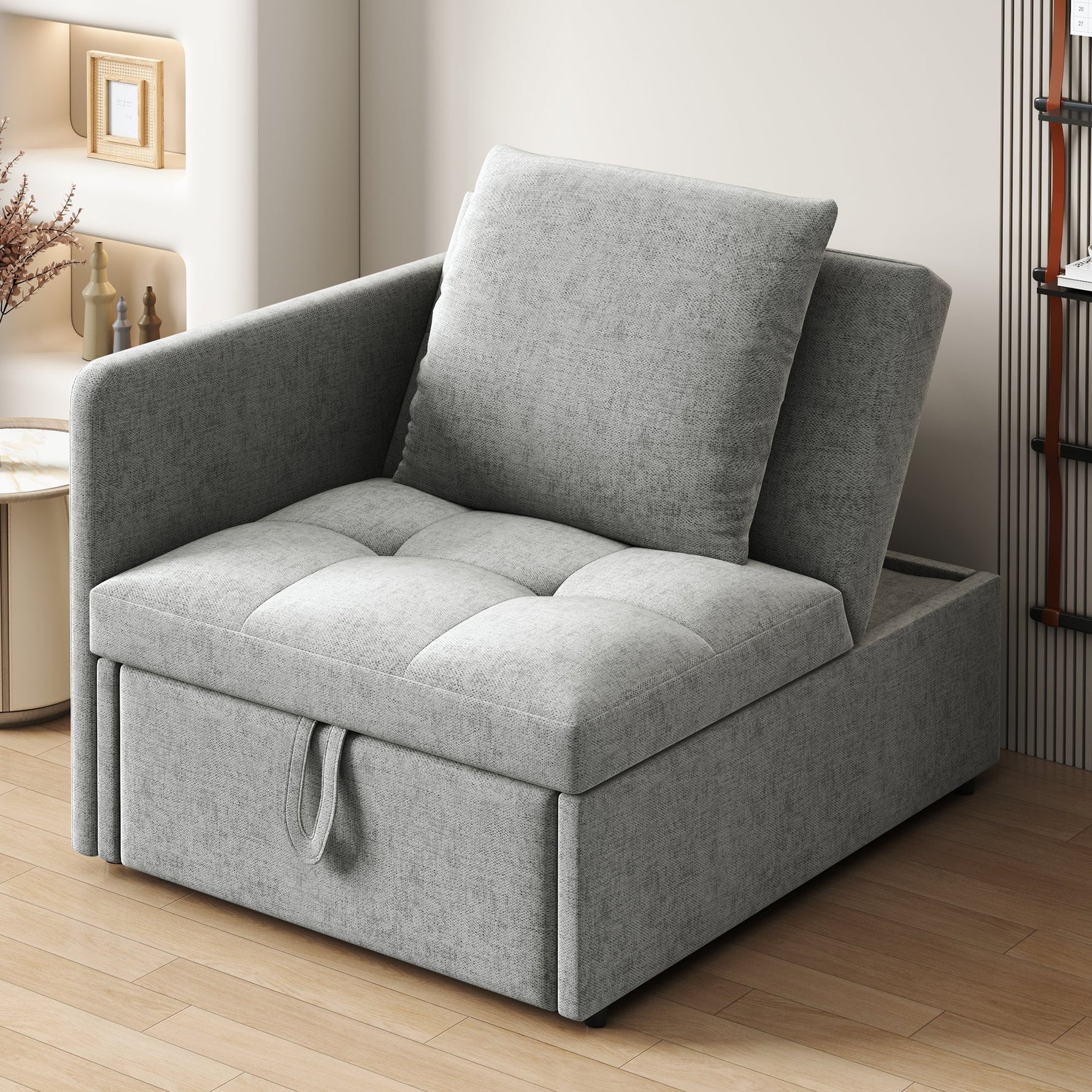 Upholstered Sofa Bed 3-in-1 Multifunctional Adjustable Backrest, Linen Fabric