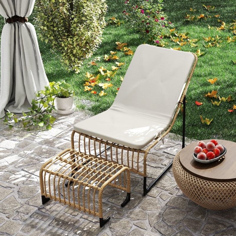 Rattan Relaxing Chair with Footstool, UV-resistant Garden Chair, Natural Wood