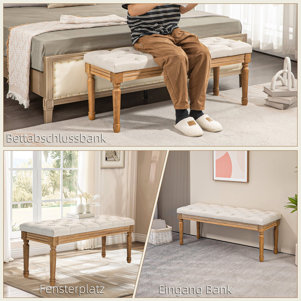 Upholstered Bench, Bed Bench, Wooden Legs, Cream