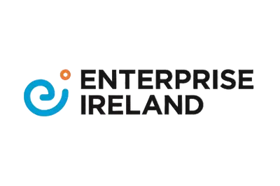 Enterprise Ireland logo on a plain white background, with a blue spiral-like emblem, a small orange dot, and the words ENTERPRISE IRELAND in black.