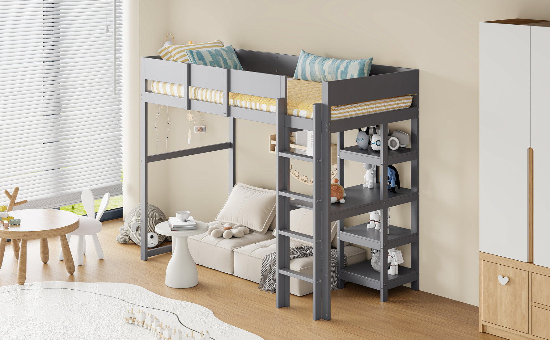 Loft Bed with Storage, 90x200cm, Slatted Base, Solid Pine Wood Grey