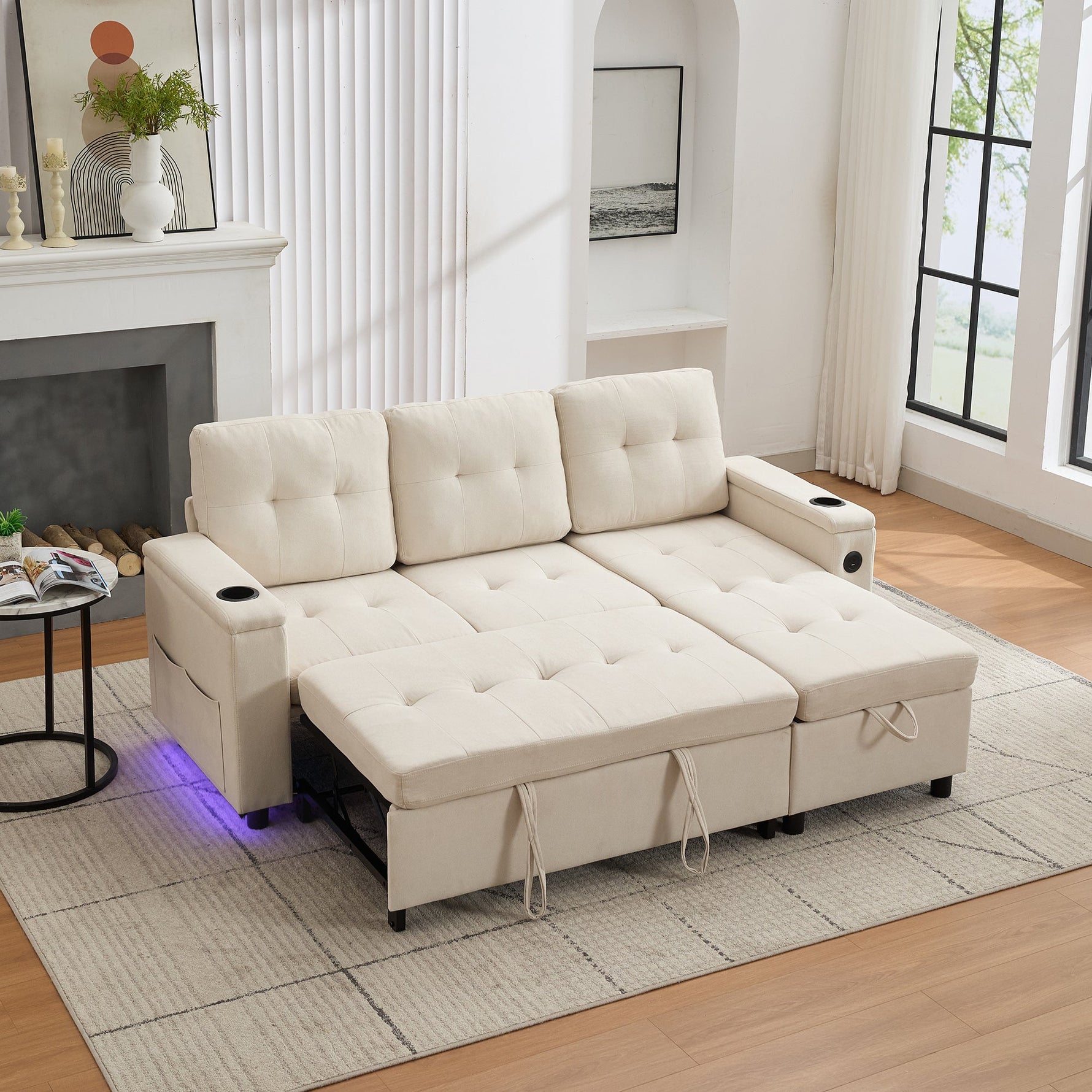 Treviso L-Shaped Sofa Bed 3-Seater Fold-Out Hidden Storage LED Strip Beige