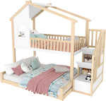 Bunk Bed with Storage Ladder and House Railing, 90x200cm and 140x200cm, Natural and White
