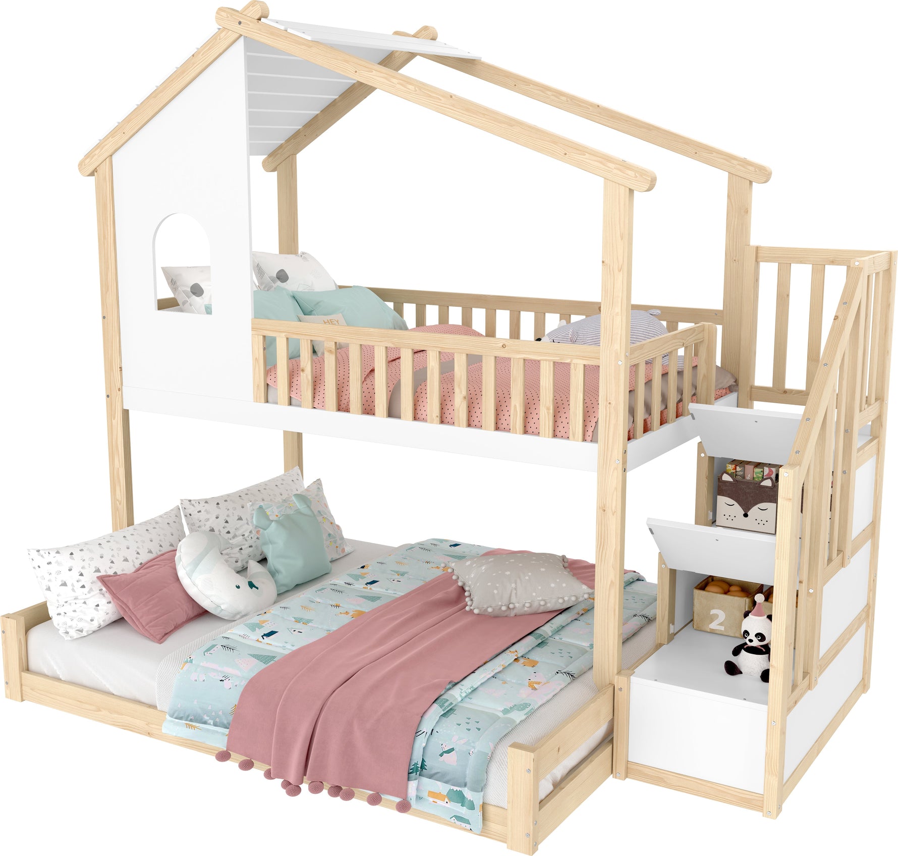 Bunk Bed with Storage Ladder and House Railing, 90x200cm and 140x200cm, Natural and White