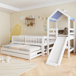 House Bunk Bed with Slide, Trundle & Drawers, White Solid Wood