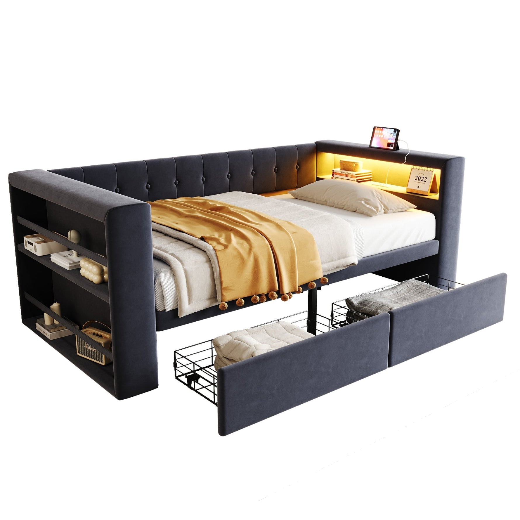 Upholstered Bed 90×190 cm LED Power Outlet Storage Drawers, Dark Grey