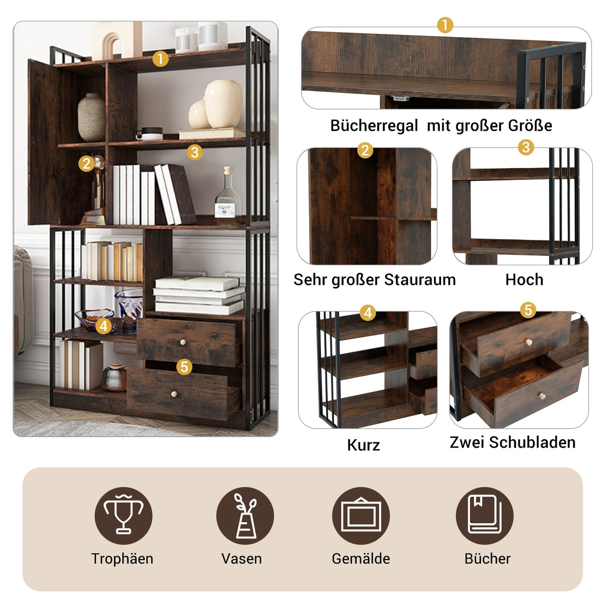 Bookcase, 6-Shelf Industrial Bookcase with Doors & Drawers, Floor to Ceiling, Antique Brown Steel
