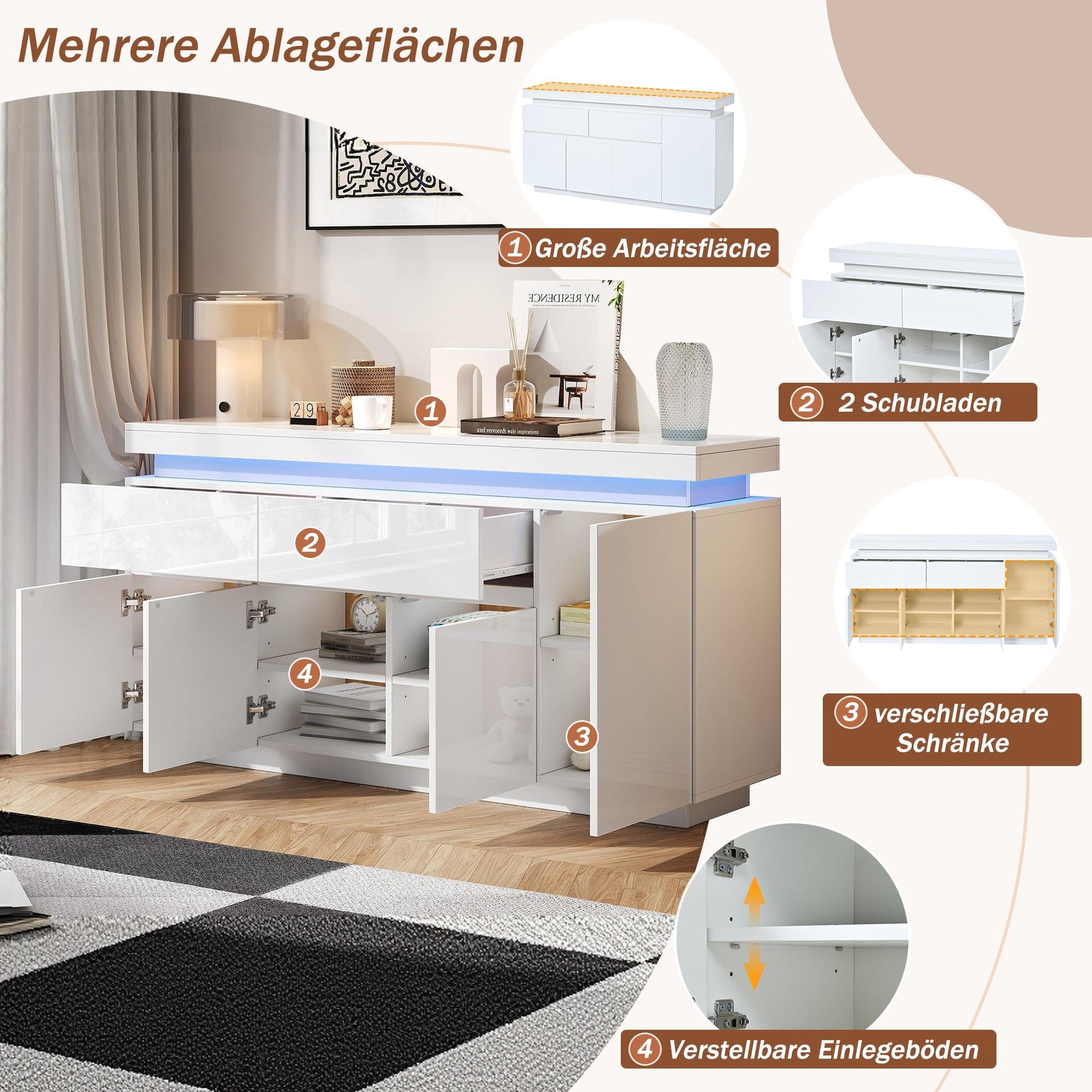 Sideboard 140x35x72.5cm High-Gloss LED 2 Drawers 4 Doors - White