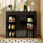 Buffet Cabinet, Compact Storage with Glass Shelves and Door, Black High-Gloss