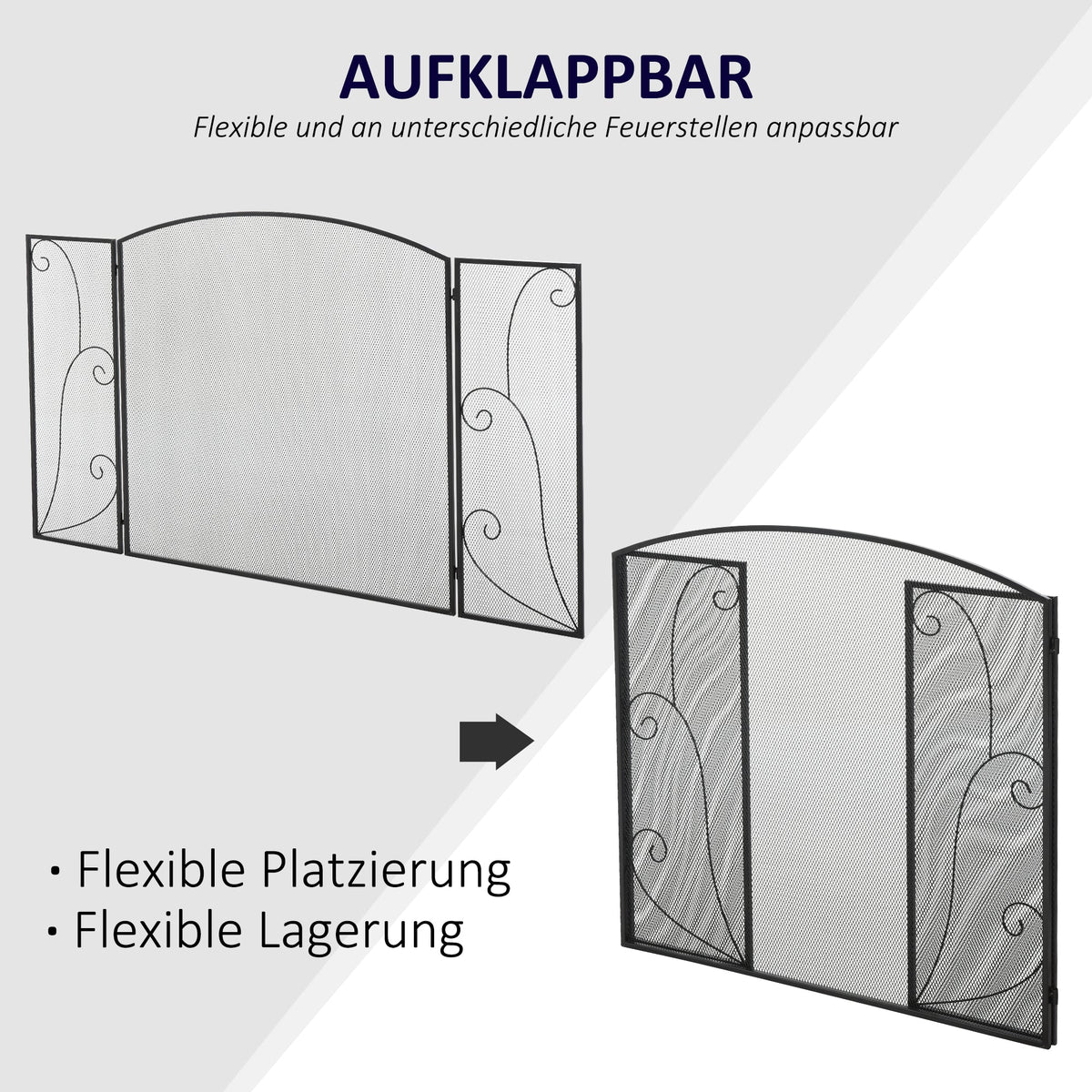 Fireplace Grate, 3-Panel Foldable Spark Guard, Metal Black