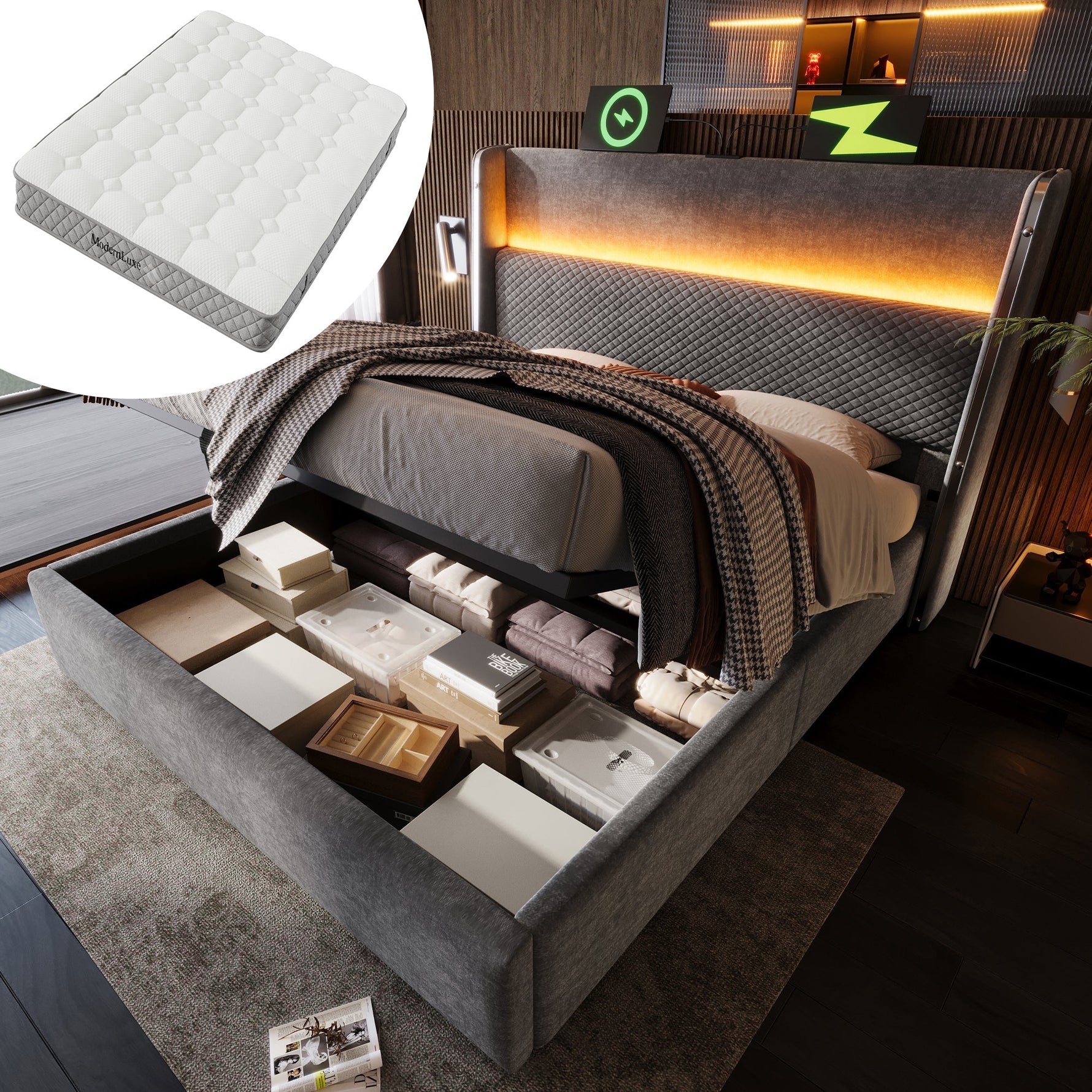 Hydraulic Double Bed 140x200cm, High Headboard LED Storage USB, Linen Look Grey