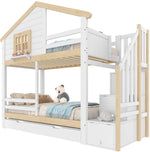Bunk Bed 90x200cm with Trundle & Storage Ladder, White + Natural