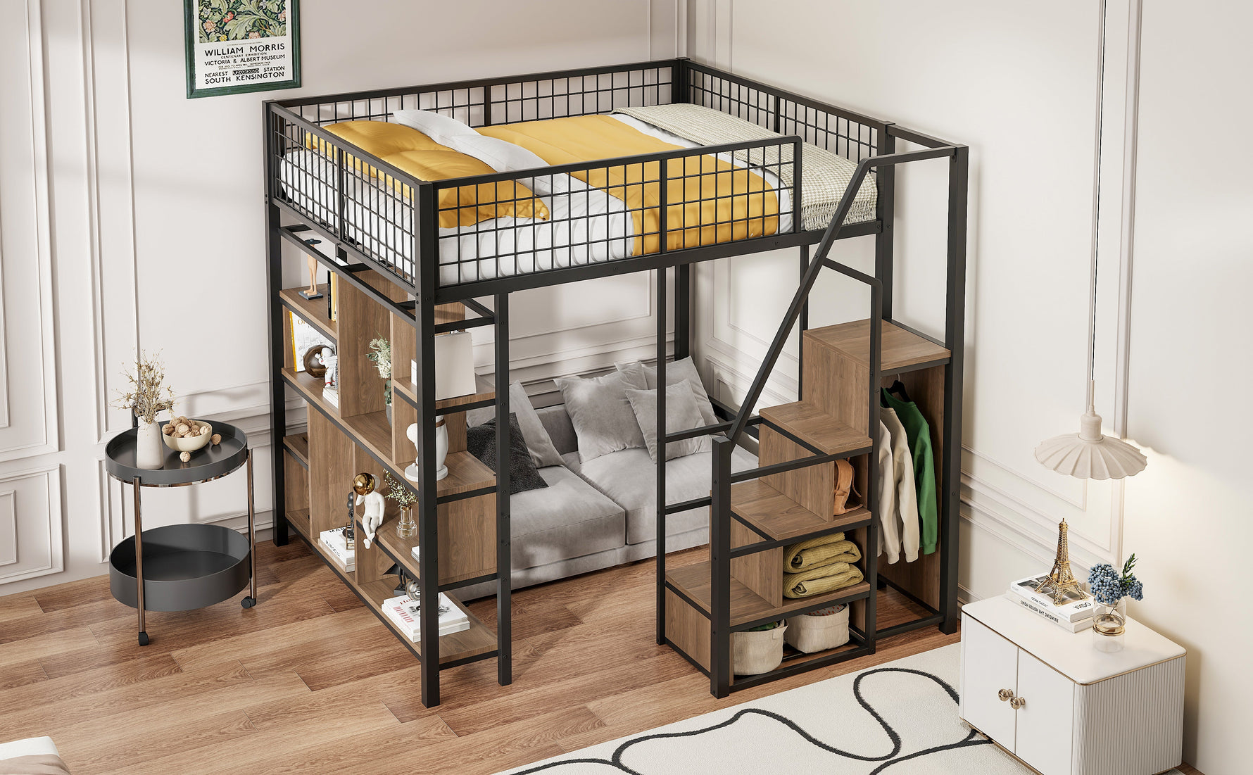Loft Bed, Multifunctional with Storage & Stairs, 140x200 cm, Metal Black