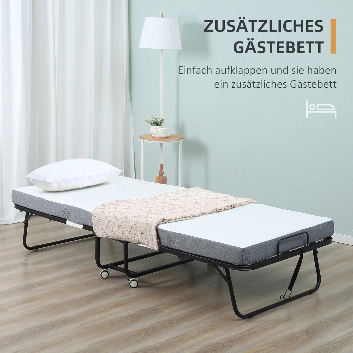 Guest Bed Folding Bed with Wheels, Steel and Foam, 200x75x42.5cm - White/Black