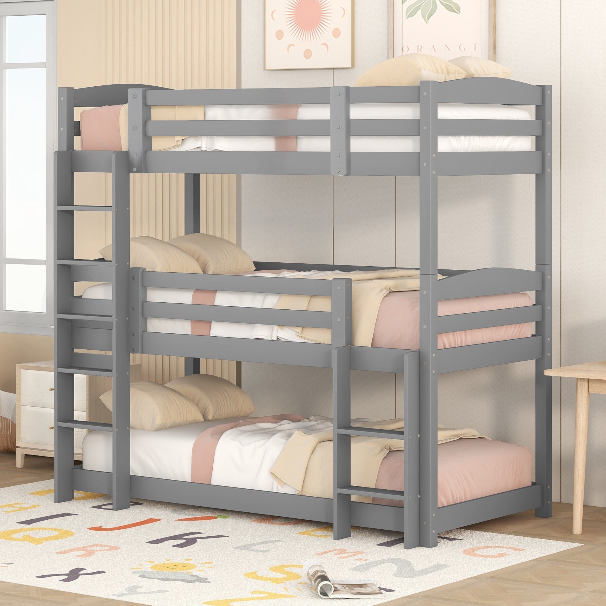 Bunk Bed 90x200cm Single Wooden Triple for Children, Grey