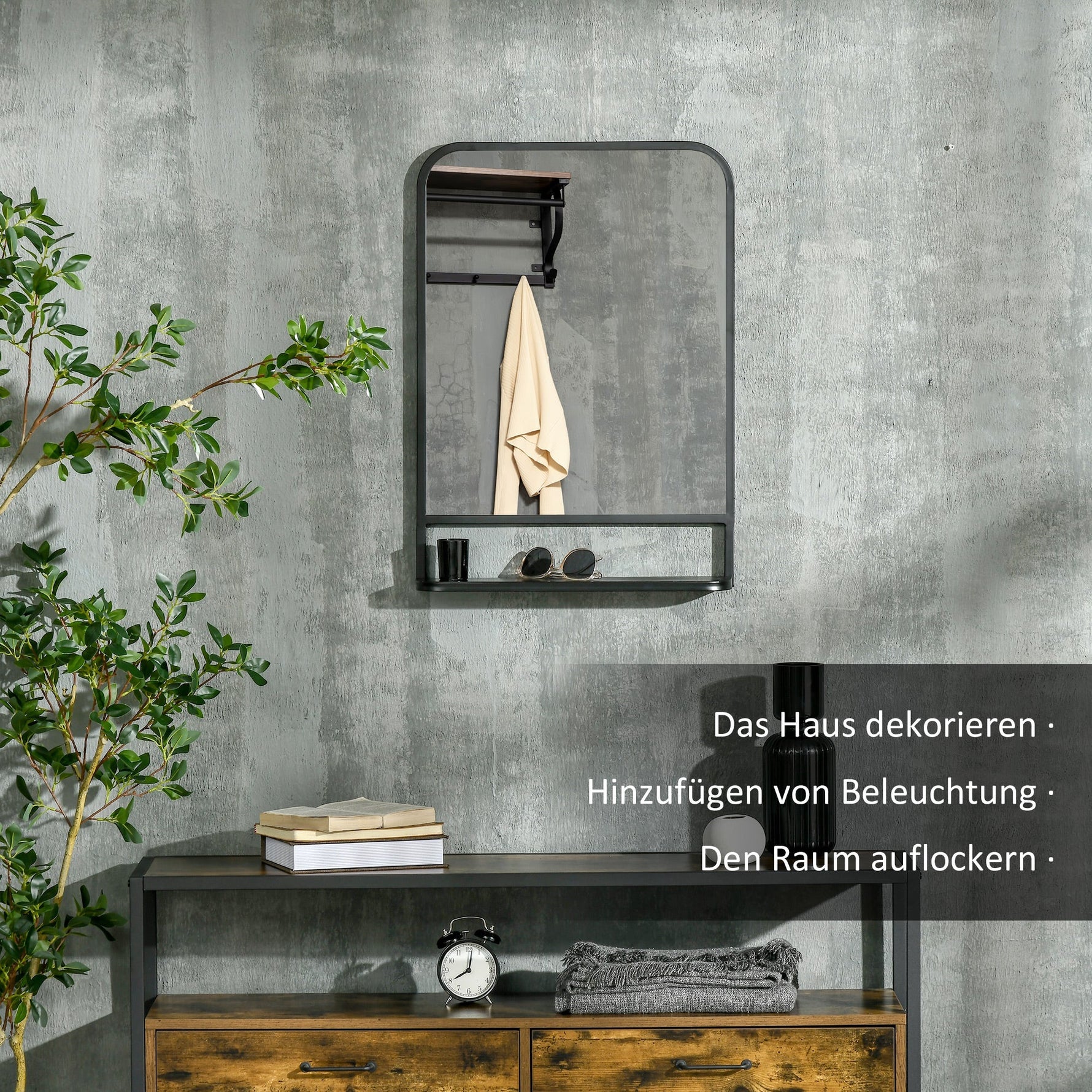 Wall Mirror with Shelf 70x50cm Modern Rectangular, Black