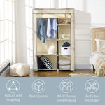 Wardrobe Foldable, 2 Clothes Rails & 6 Compartments, Fabric Cream