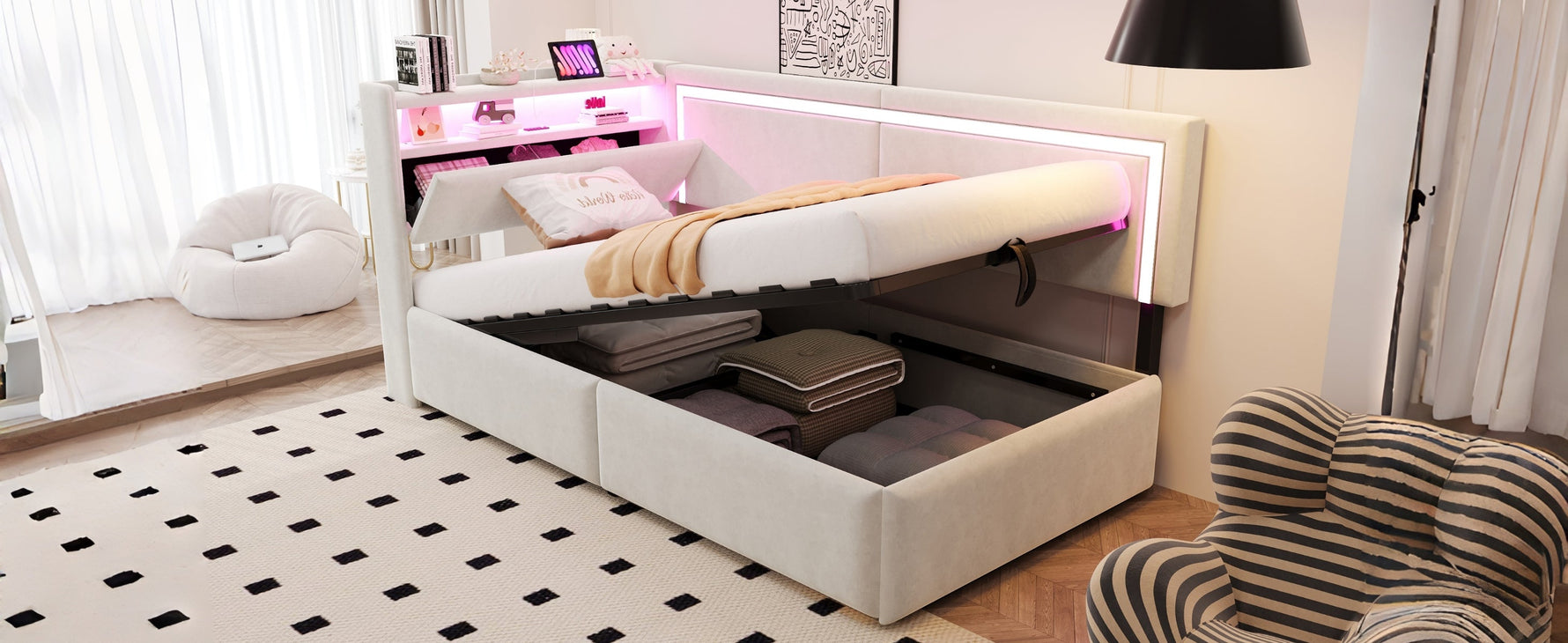 Upholstered Sofa Bed 90x200 cm with LED Lighting, USB Ports and Hydraulic Storage, Beige Velvet