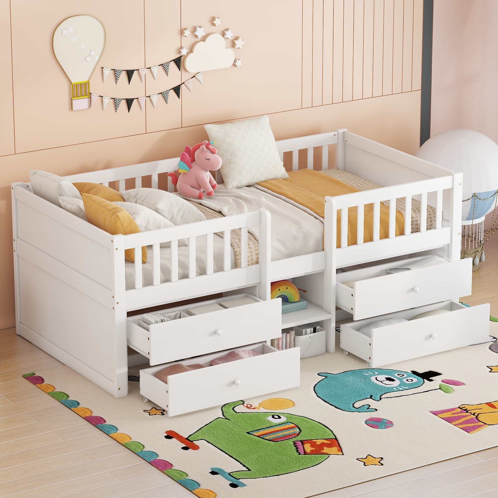 Mid-height Bed 90x200cm 4 Drawers Railing Ladder Pine Wood White