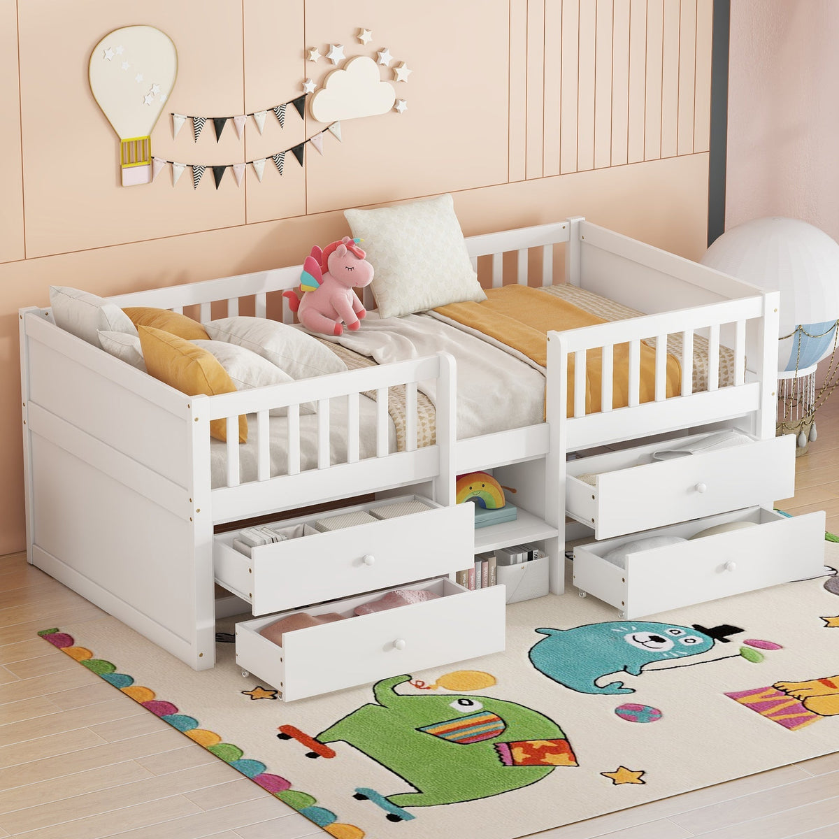 Mid-height Bed 90x200cm 4 Drawers Railing Ladder Pine Wood White