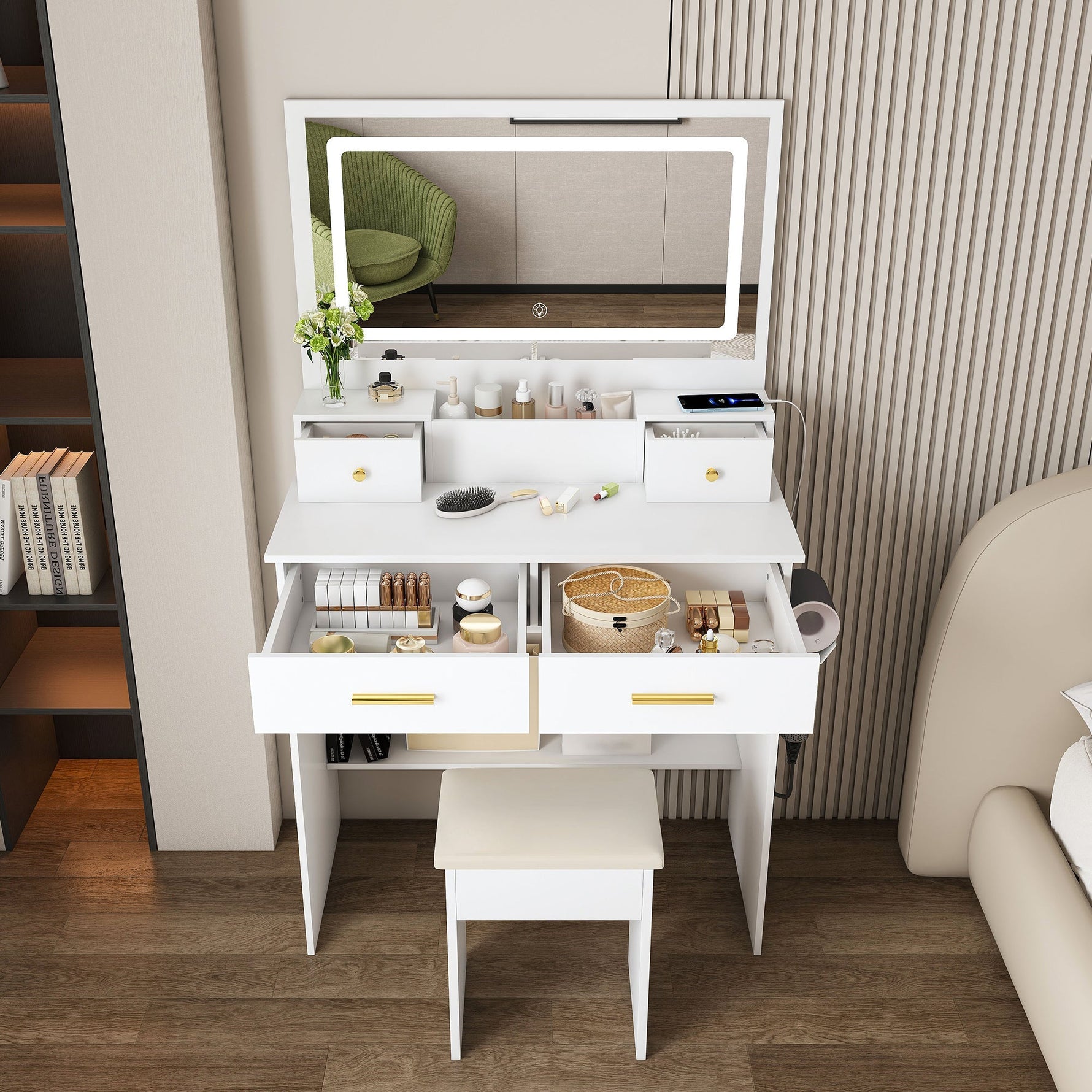 Dressing Table XXL Mirror Stool 4 Drawers LED Socket - White