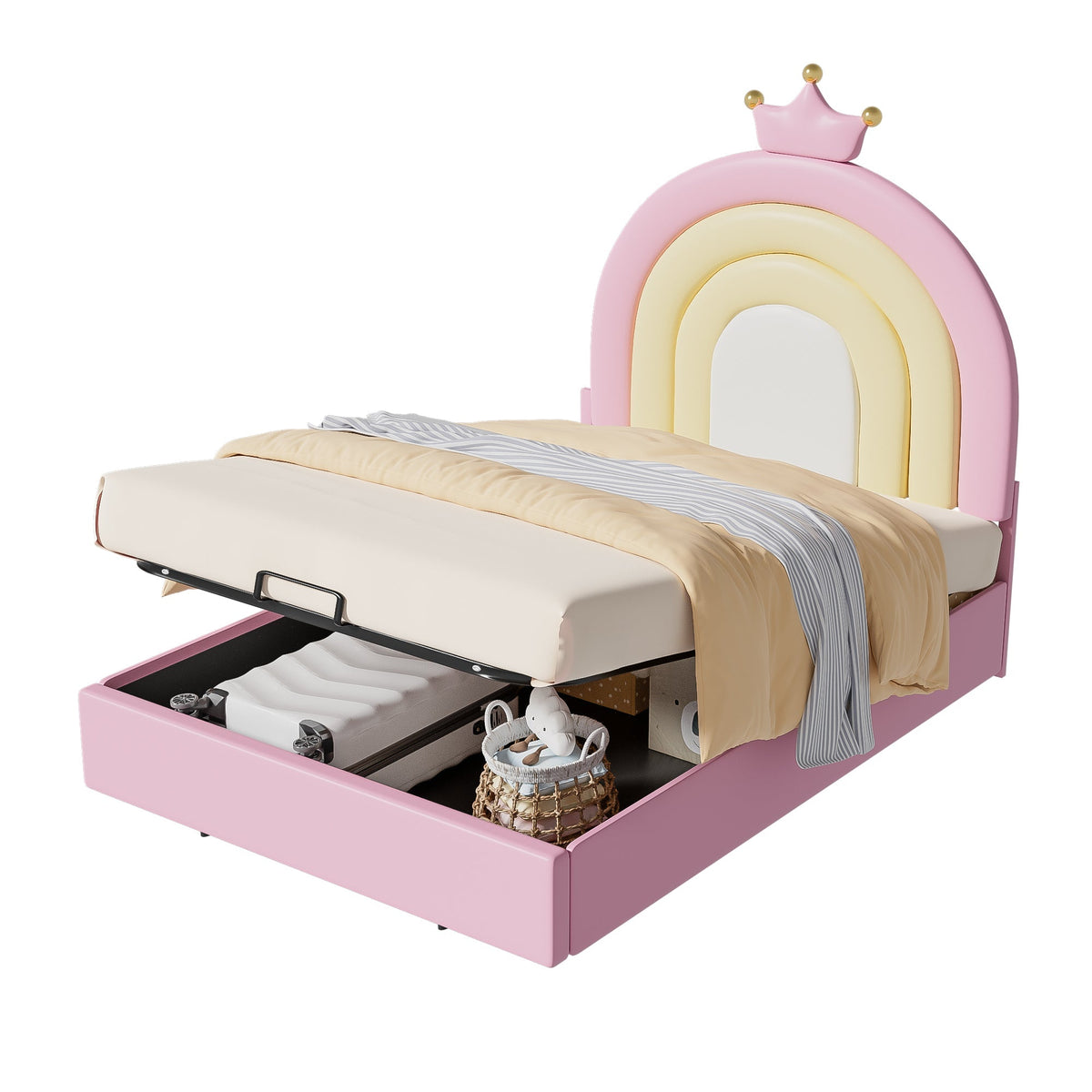 Upholstered Bed 90x200cm Hydraulic Adjustable Headboard - PU Pink