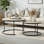 Nesting Coffee Table Set, Two-piece Round 80cm Modern Design, Oak Veneer and Metal Frame