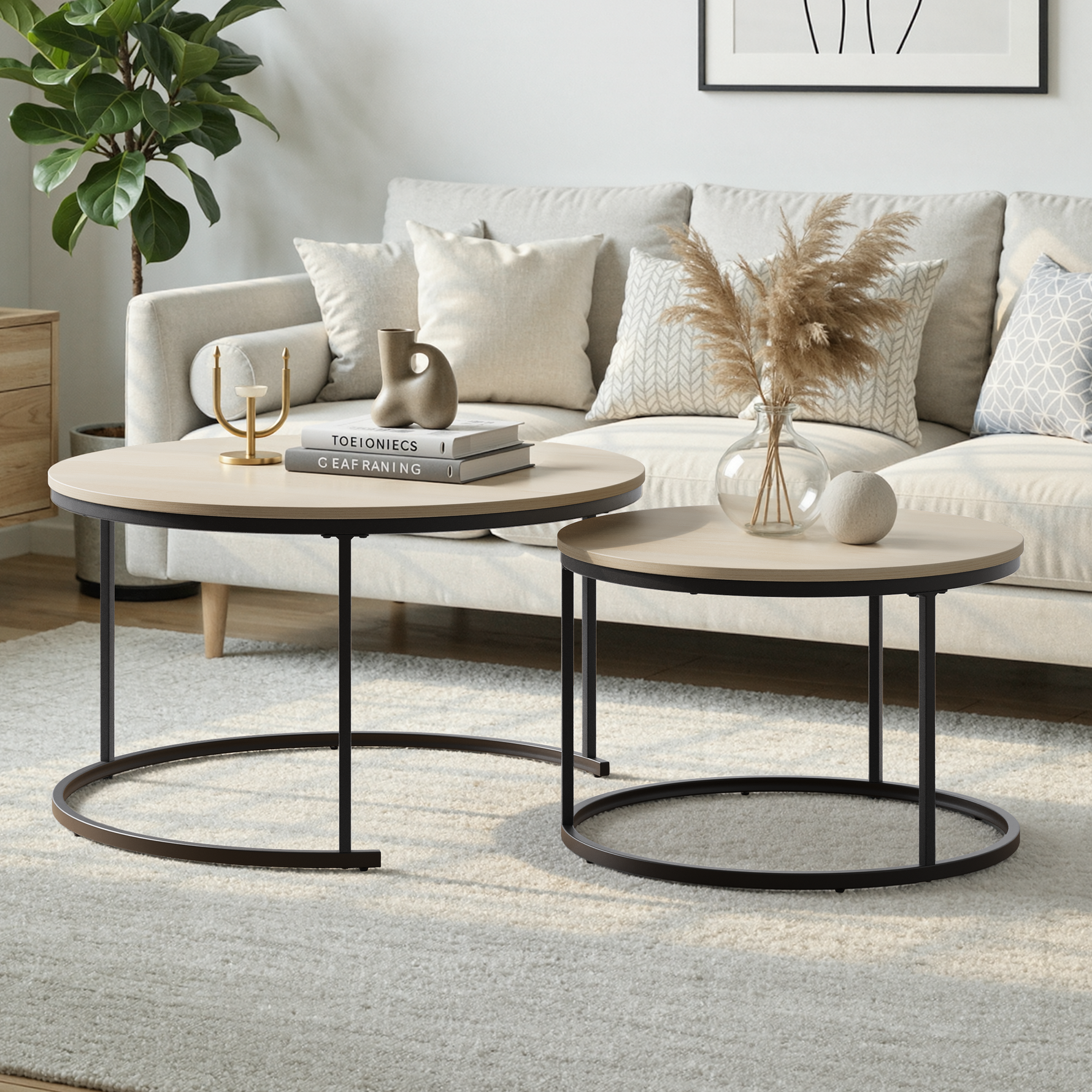 Nesting Coffee Table Set, Two-piece Round 80cm Modern Design, Oak Veneer and Metal Frame