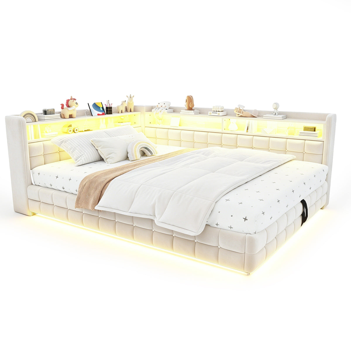 Upholstered Sofa Bed 140x200cm with Storage & LED, Beige Velvet