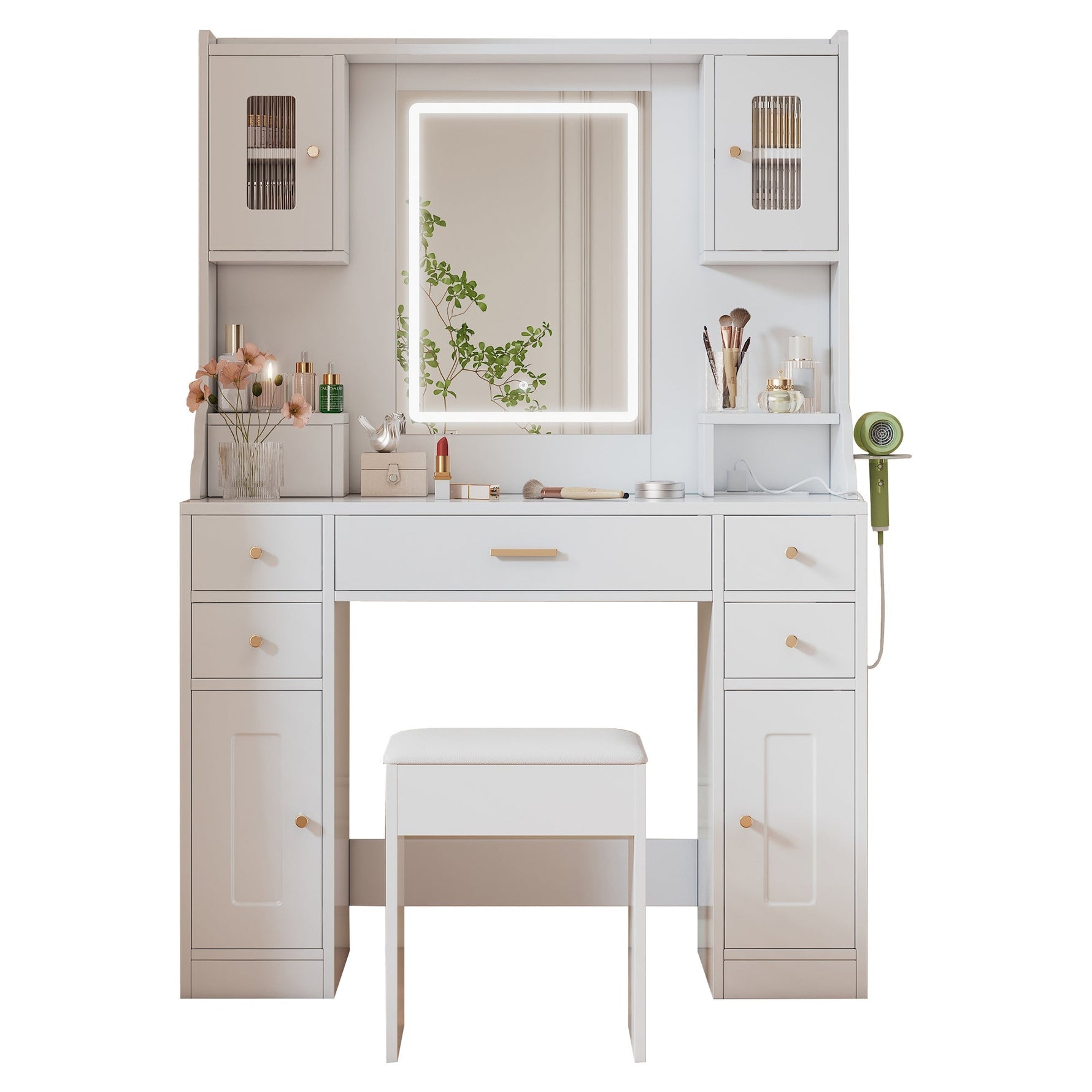 Dressing table with adjustable LED lighting, power outlets, mirror, 6 drawers, 4 doors, white
