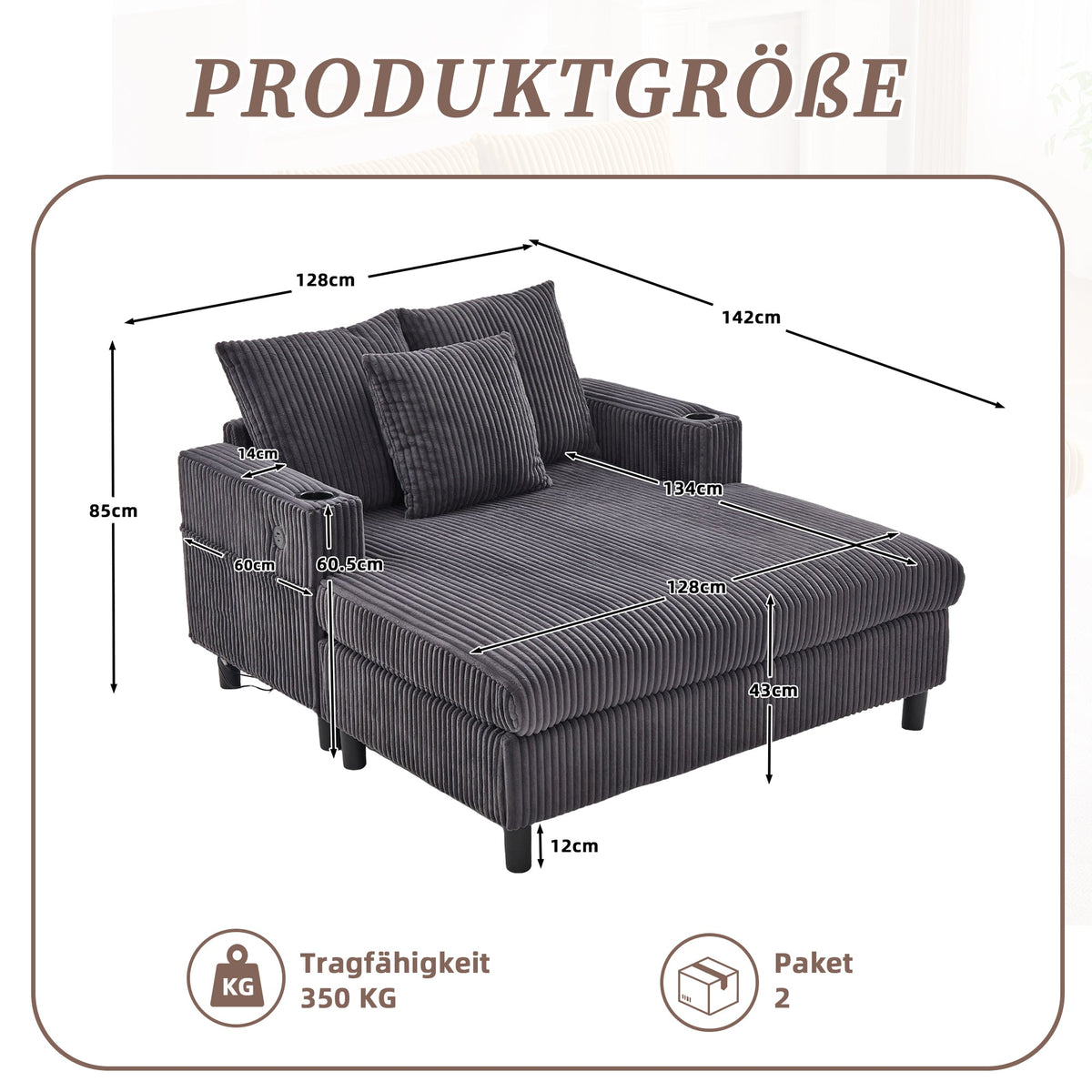 Chaise Lounge Chair, Soft Spacious w/ Cup Holders USB LED Lighting