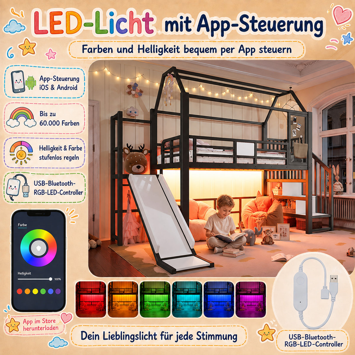 House Loft Bed for Kids with Slide, Storage & LED, Black Metal