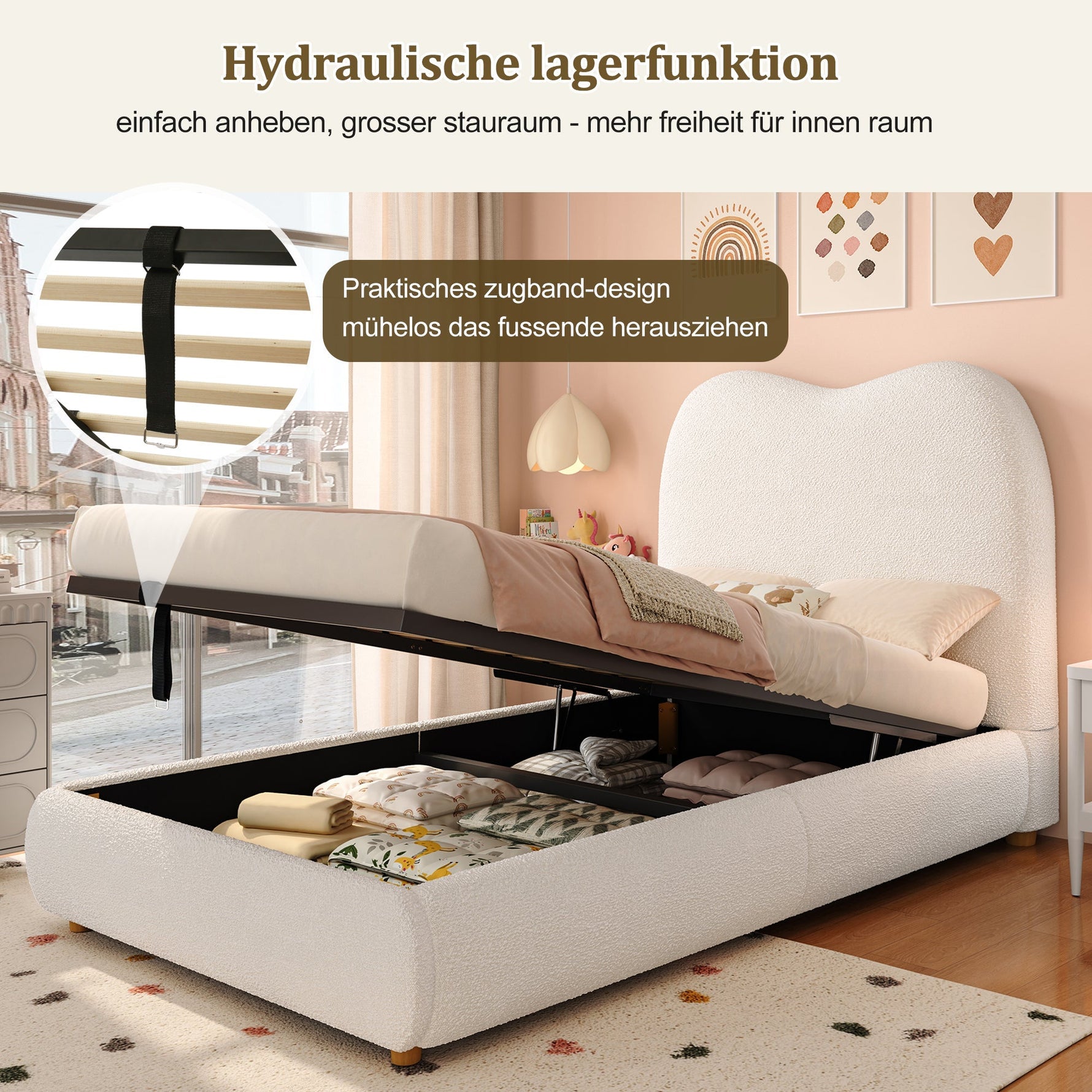 Upholstered Children's Single Bed with Hydraulic Storage and Slatted Frame, 90x200cm, Beige Bouclé