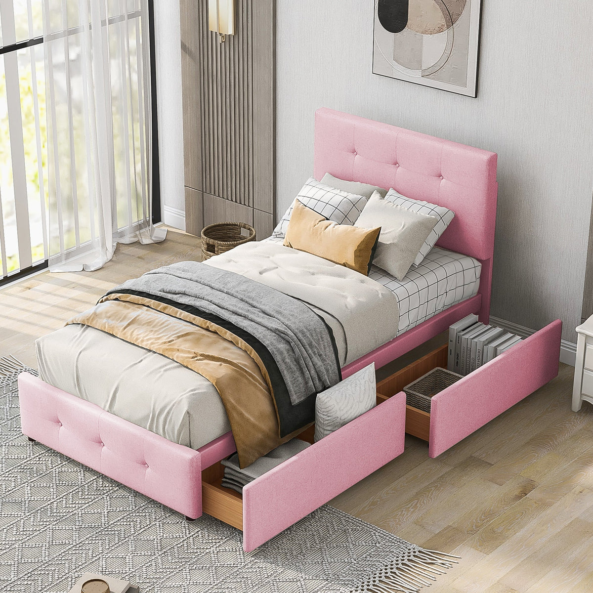 Upholstered Bed 90x200cm, Slatted Frame, Backrest & 2 Drawers, Pink Velvet