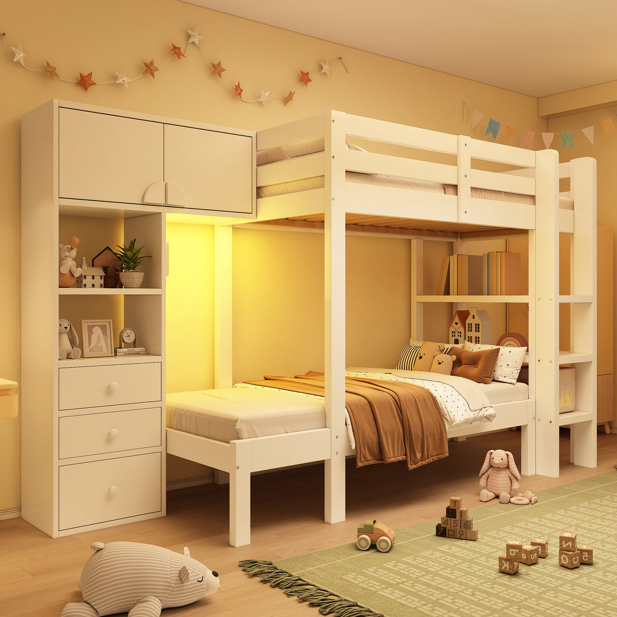 Bunk Bed 90x200 cm with Wardrobe & Storage Drawers, White