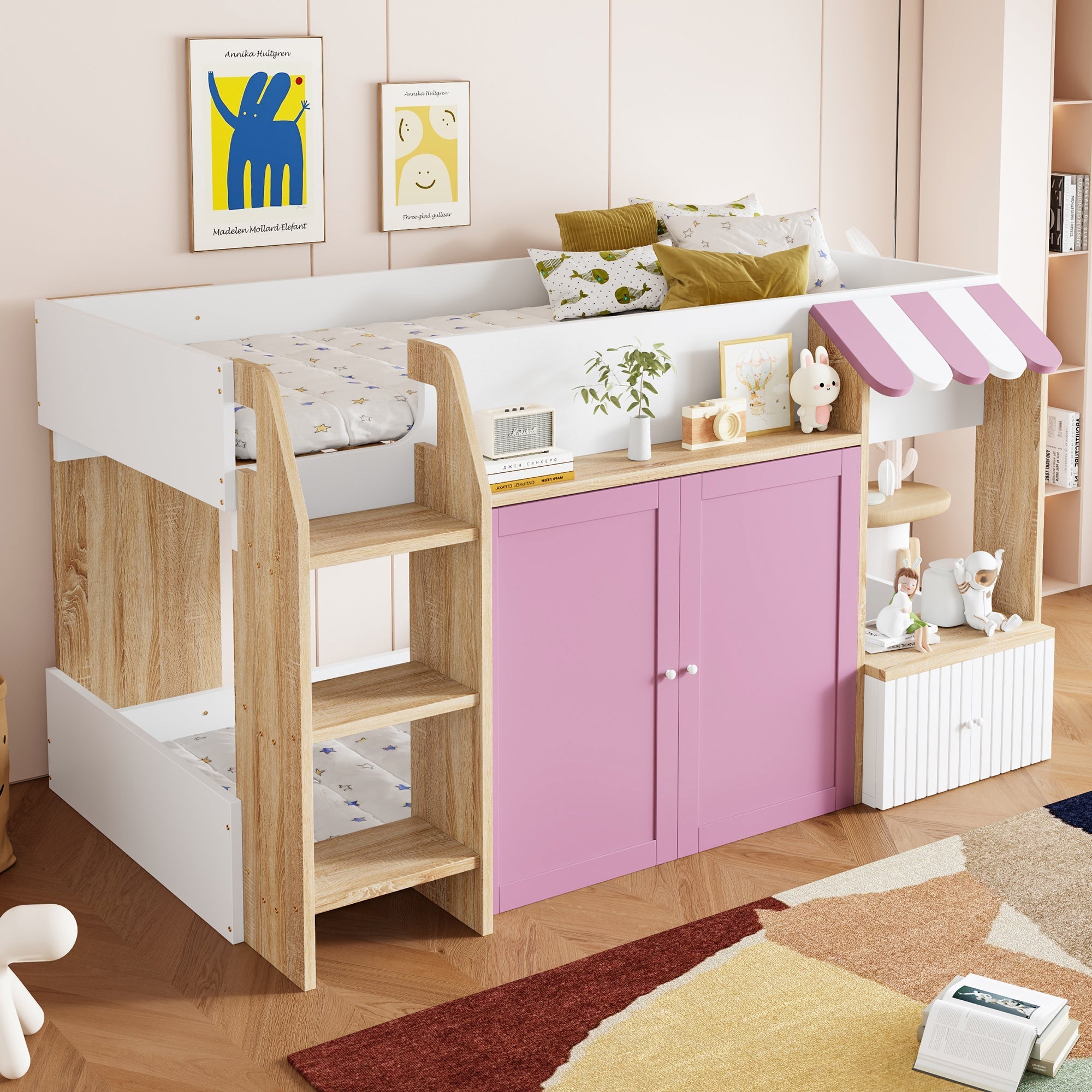 Children's House Bed Mid-Height 90x200 Storage Climbing Ladder - White/Pink Wood
