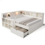 Wooden Double Bed 140x190cm with Storage & USB, White