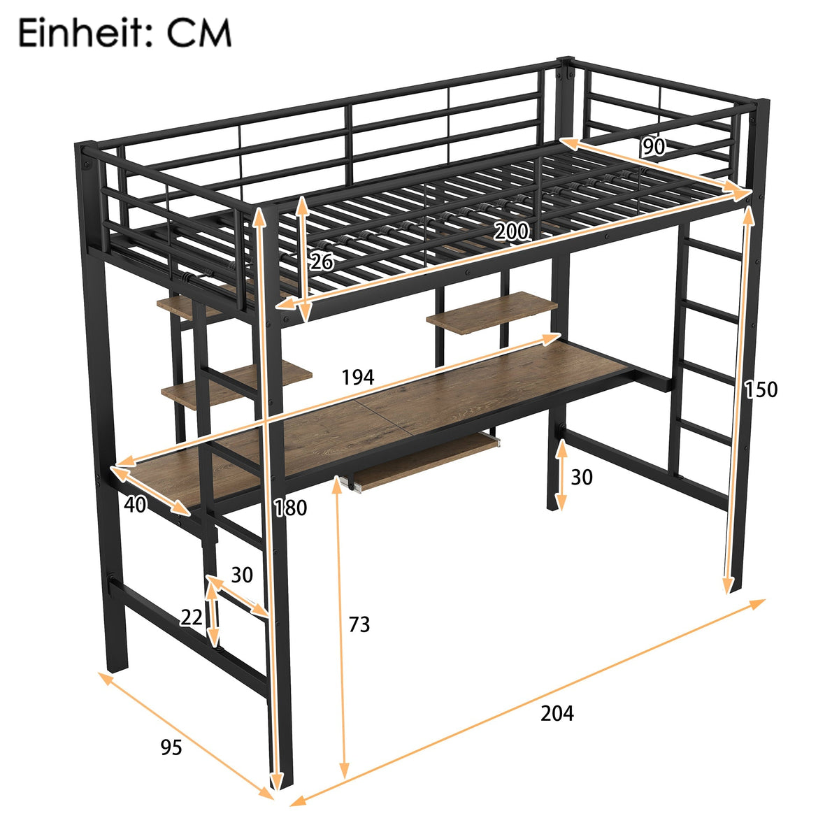 Loft Bed 90x200cm with Desk and 2 Bookshelves - Black Metal