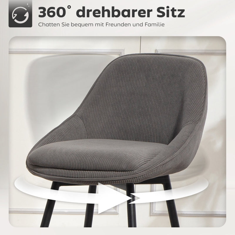Set of 2 Bar Stools, Upholstered for Kitchen Island & Dining Room, Corduroy & Steel, Grey