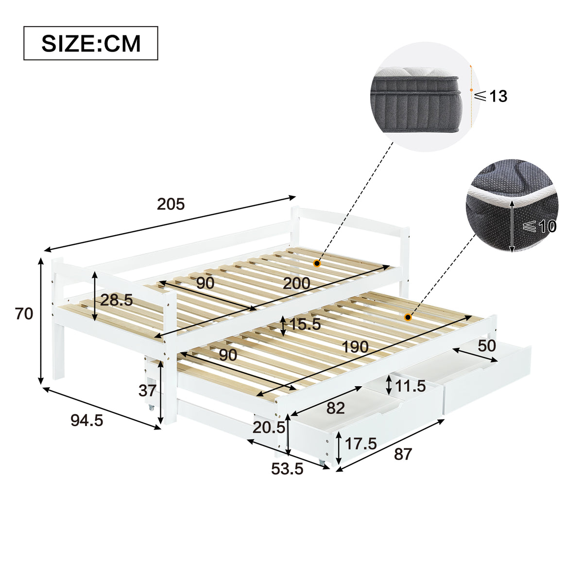 Daybed 90x200cm with Trundle & 2 Drawers, White Solid Wood