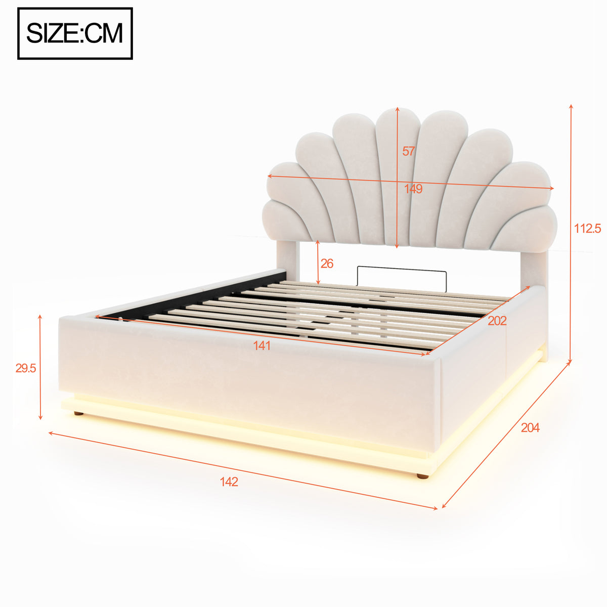 Upholstered Bed 140x200cm with Storage & LED Light, Beige Velvet