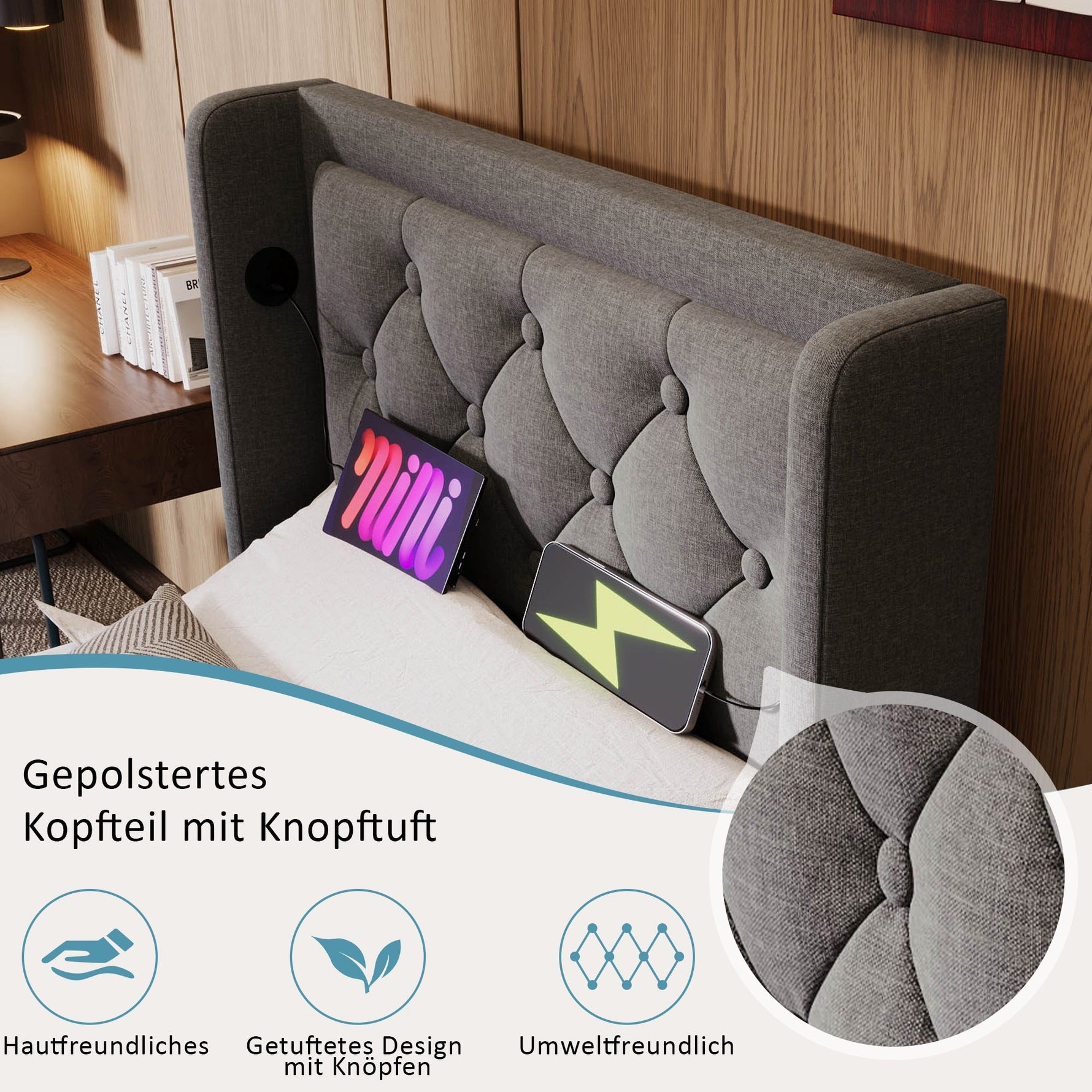 Upholstered Double Bed 90x200cm Hydraulic Storage USB-C LED Headboard, Grey Cotton
