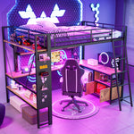 Loft Bed 140x200cm Iron Frame with Desk LED Light Strip USB Port Black